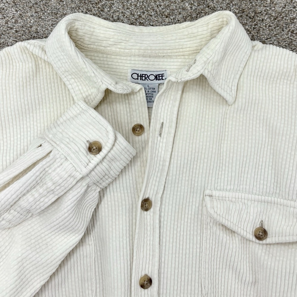 Vtg Cherokee Wide Wale Corduroy Over-Shirt Mens L Cream Button Up Cotton Shacket